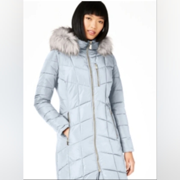 Calvin Klein Jackets & Blazers - Calvin Klein Light Blue Gray Quilted Puffer Coat with Faux Fur Hood